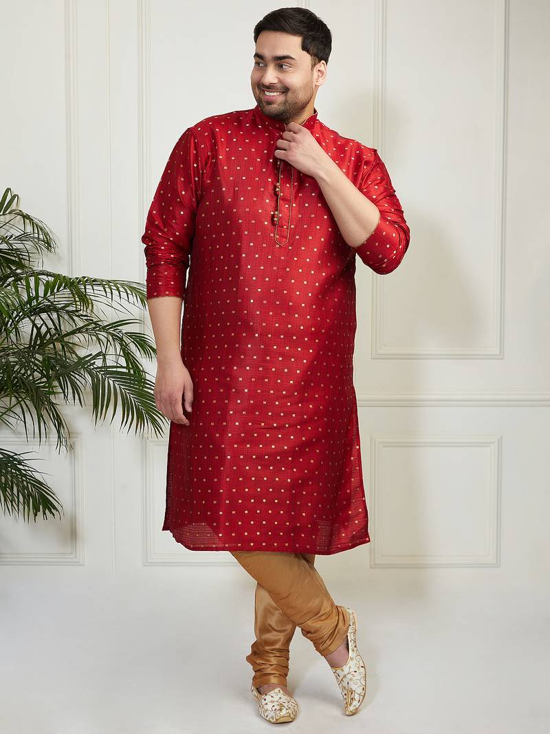 Men's maroon silk blend kurta pyjama set