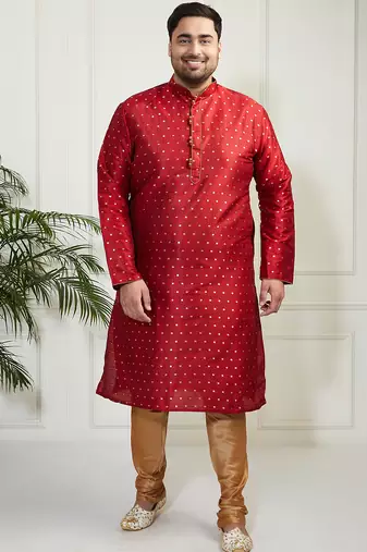 Men's maroon silk blend kurta pyjama set