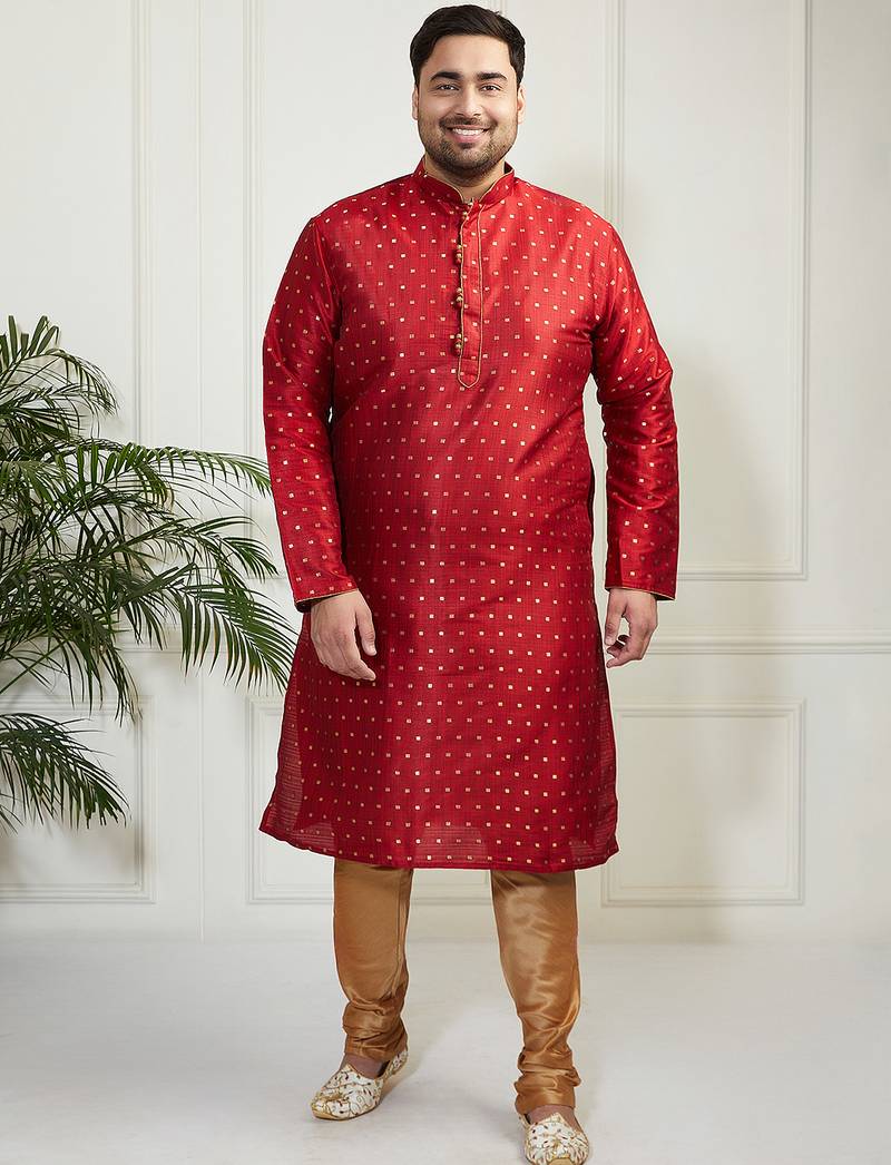 Men's maroon silk blend kurta pyjama set