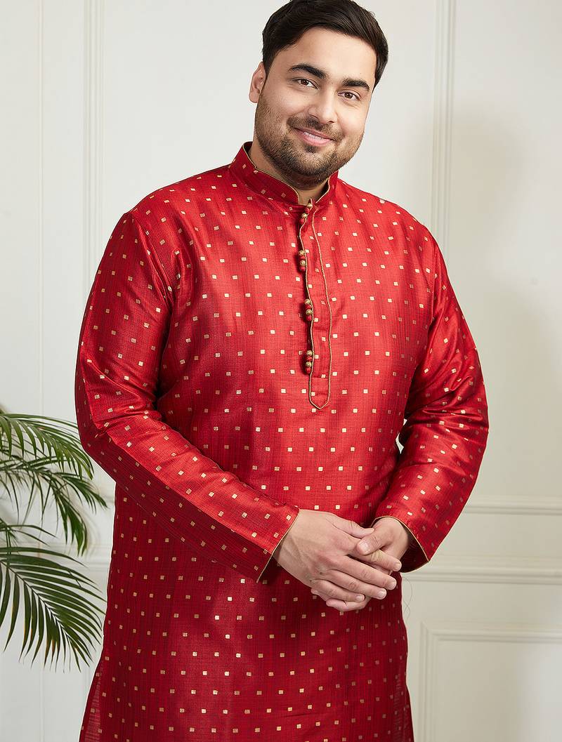 Men's maroon silk blend kurta pyjama set