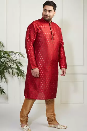 Men's maroon silk blend kurta pyjama set