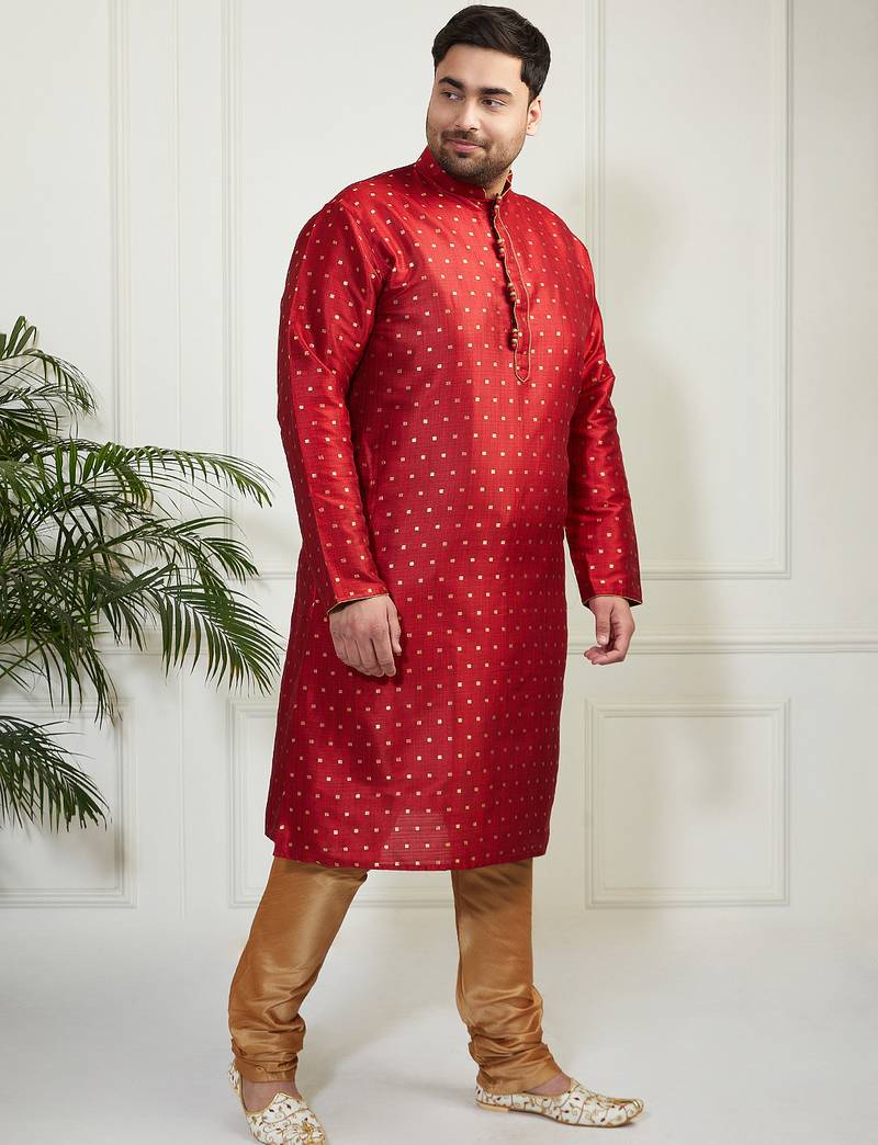 Men's maroon silk blend kurta pyjama set
