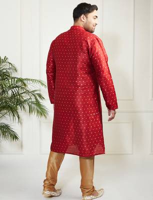 Men's maroon silk blend kurta pyjama set 5