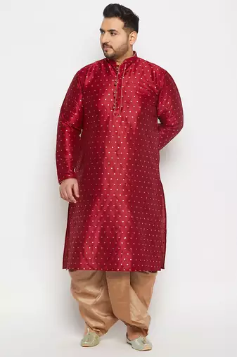 Men's maroon and rose gold silk blend kurta and dhoti set