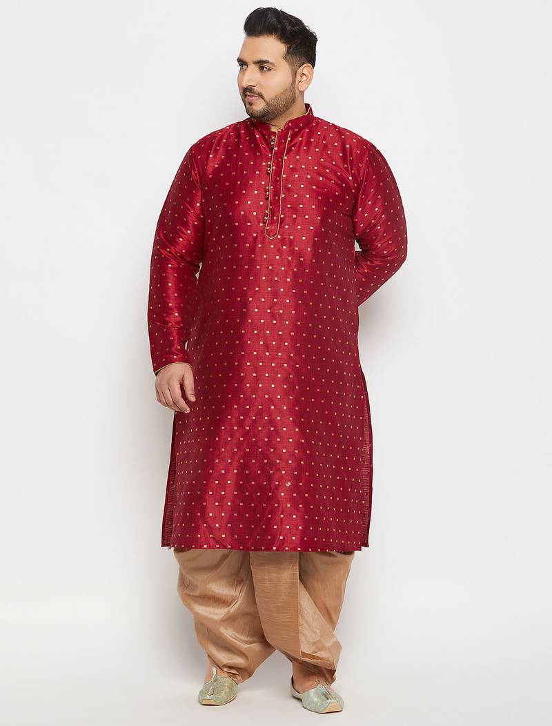 Men's maroon and rose gold silk blend kurta and dhoti set
