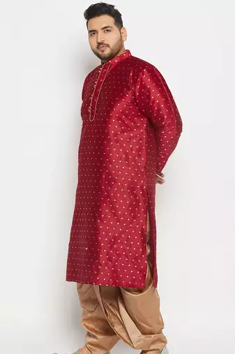 Men's maroon and rose gold silk blend kurta and dhoti set