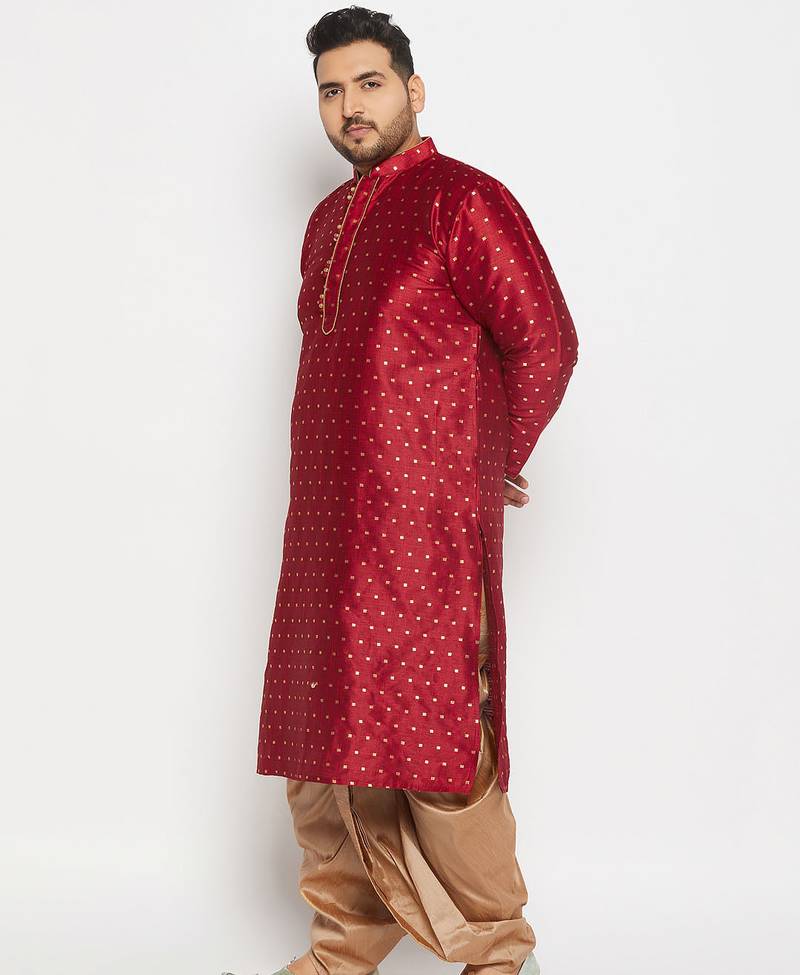 Men's maroon and rose gold silk blend kurta and dhoti set
