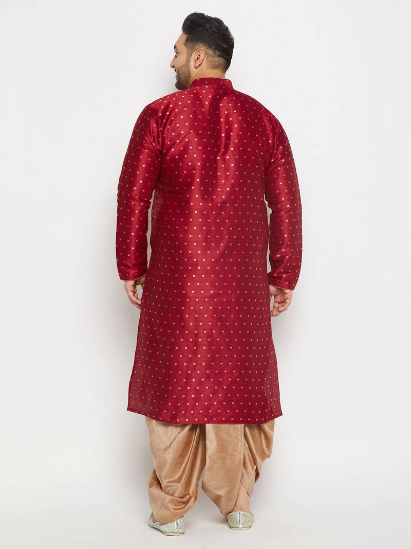 Men's maroon and rose gold silk blend kurta and dhoti set