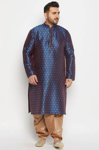 Men's blue and rose gold silk blend kurta and dhoti set
