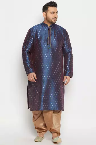 Men's blue and rose gold silk blend kurta and dhoti set