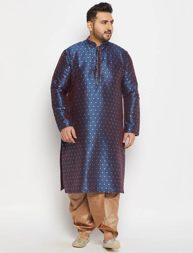 Men's blue and rose gold silk blend kurta and dhoti set