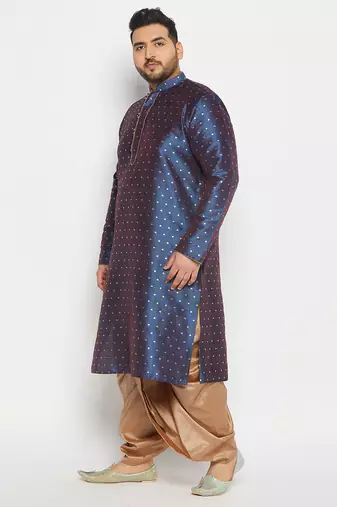 Men's blue and rose gold silk blend kurta and dhoti set
