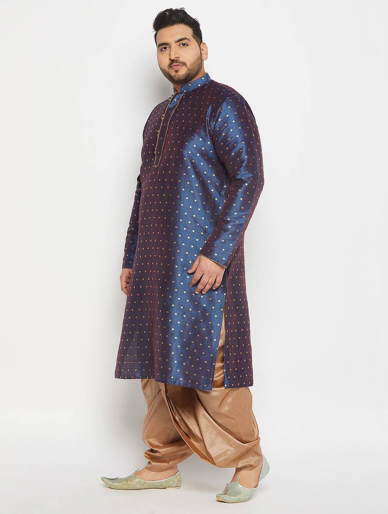 Men's blue and rose gold silk blend kurta and dhoti set