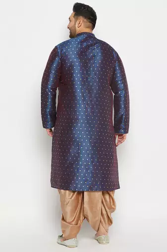 Men's blue and rose gold silk blend kurta and dhoti set