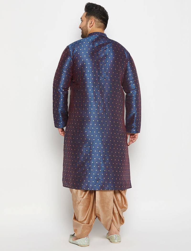 Men's blue and rose gold silk blend kurta and dhoti set