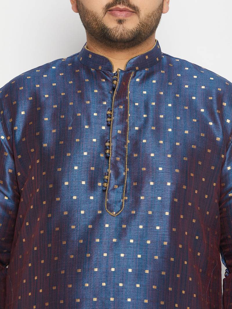 Men's blue and rose gold silk blend kurta and dhoti set