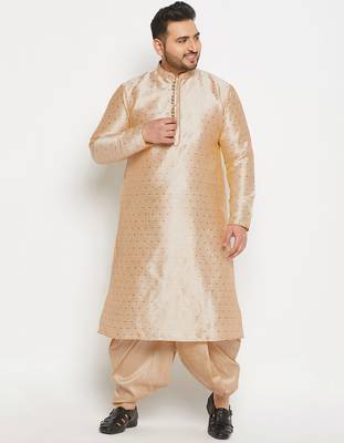 Men's beige and gold silk blend kurta and dhoti set 1