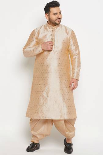 Men's beige and gold silk blend kurta and dhoti set