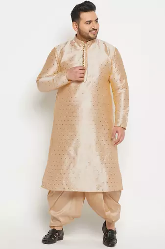 Men's beige and gold silk blend kurta and dhoti set