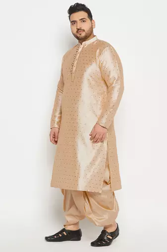 Men's beige and gold silk blend kurta and dhoti set