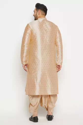 Men's beige and gold silk blend kurta and dhoti set