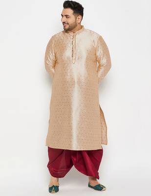 Men's beige and maroon silk blend kurta and dhoti set 1