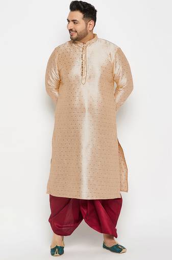 Men's beige and maroon silk blend kurta and dhoti set