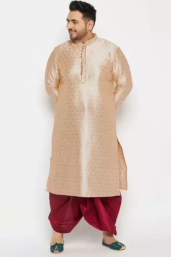 Men's beige and maroon silk blend kurta and dhoti set