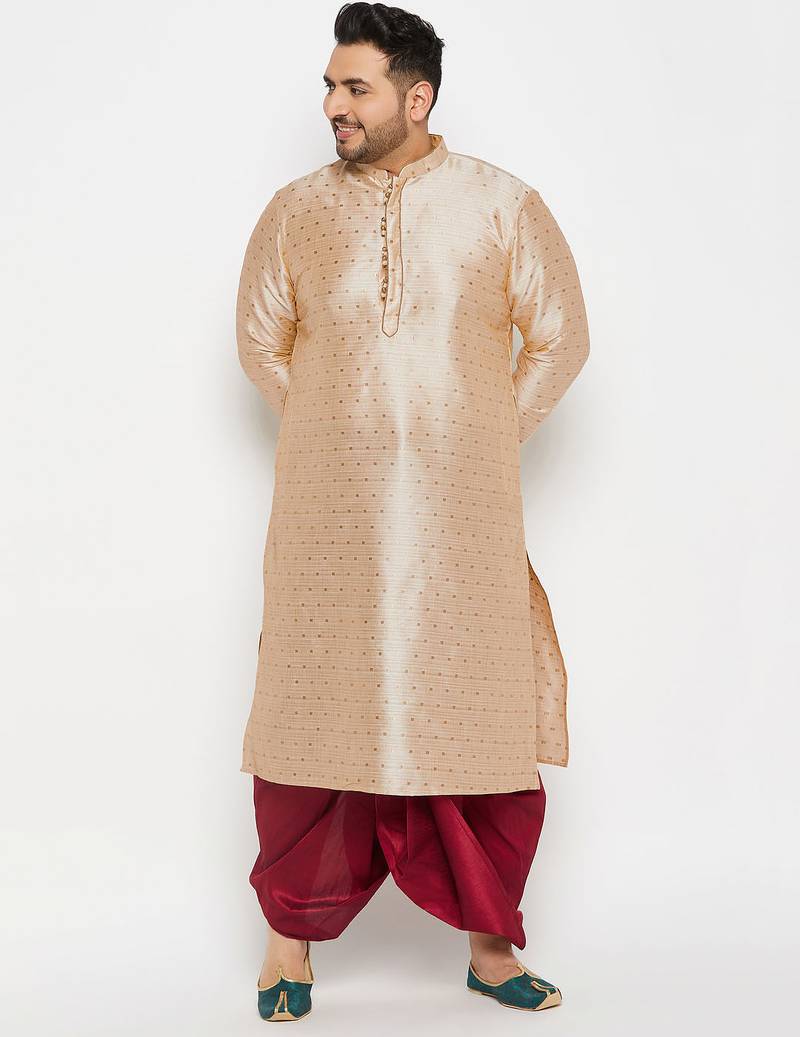 Men's beige and maroon silk blend kurta and dhoti set