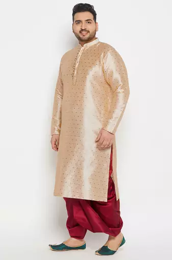 Men's beige and maroon silk blend kurta and dhoti set