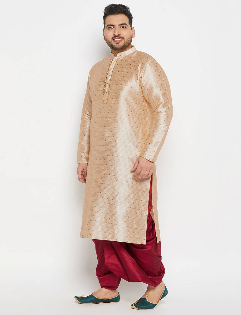 Men's beige and maroon silk blend kurta and dhoti set