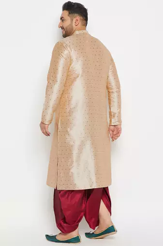 Men's beige and maroon silk blend kurta and dhoti set