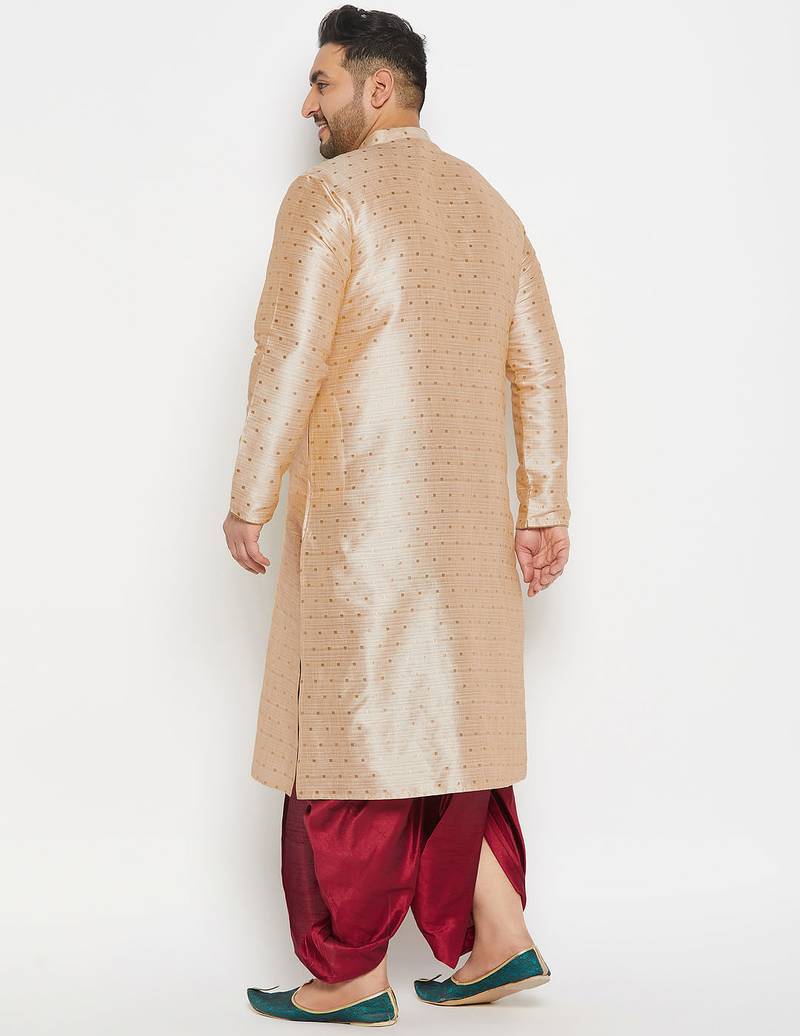 Men's beige and maroon silk blend kurta and dhoti set