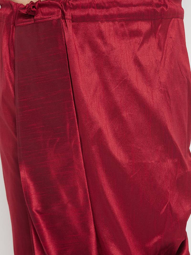 Men's beige and maroon silk blend kurta and dhoti set