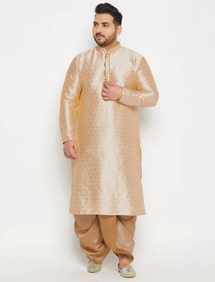 Men's beige and rose gold silk blend kurta and dhoti set 1