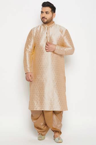 Men's beige and rose gold silk blend kurta and dhoti set
