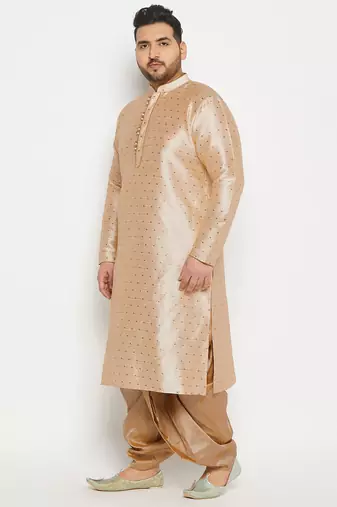 Men's beige and rose gold silk blend kurta and dhoti set