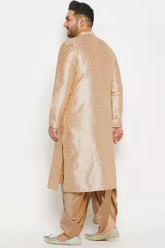 Men's beige and rose gold silk blend kurta and dhoti set