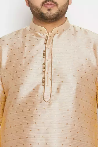 Men's beige and rose gold silk blend kurta and dhoti set