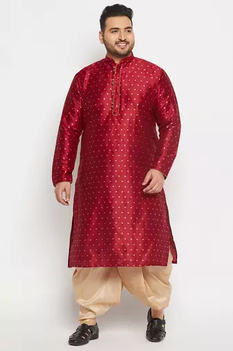 Men's maroon and gold silk blend kurta and dhoti set