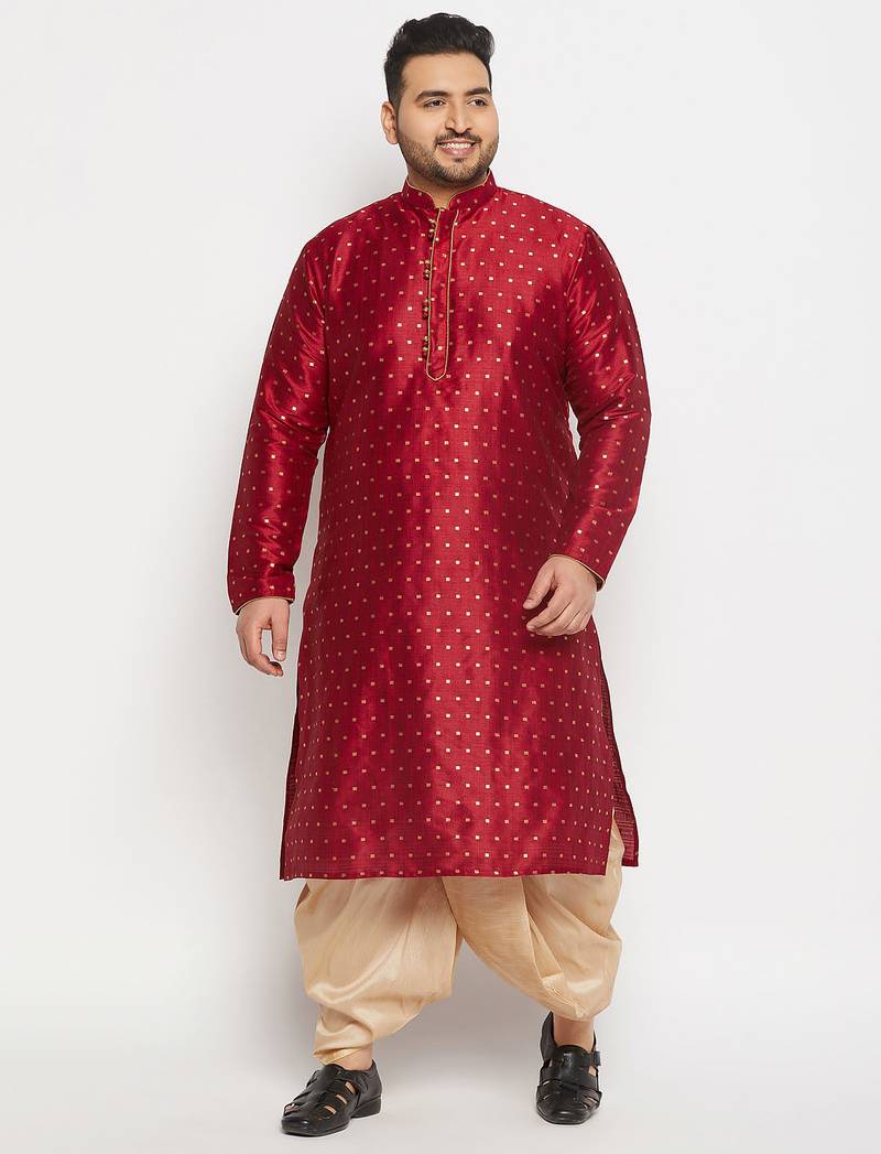 Men's maroon and gold silk blend kurta and dhoti set