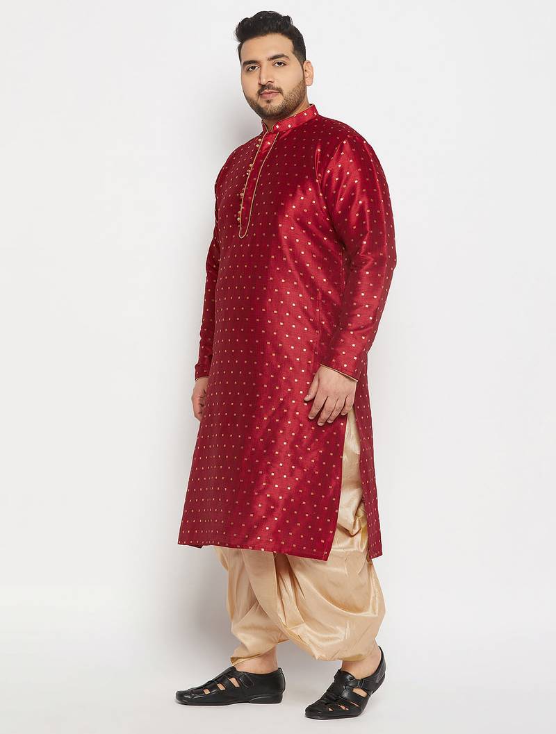 Men's maroon and gold silk blend kurta and dhoti set