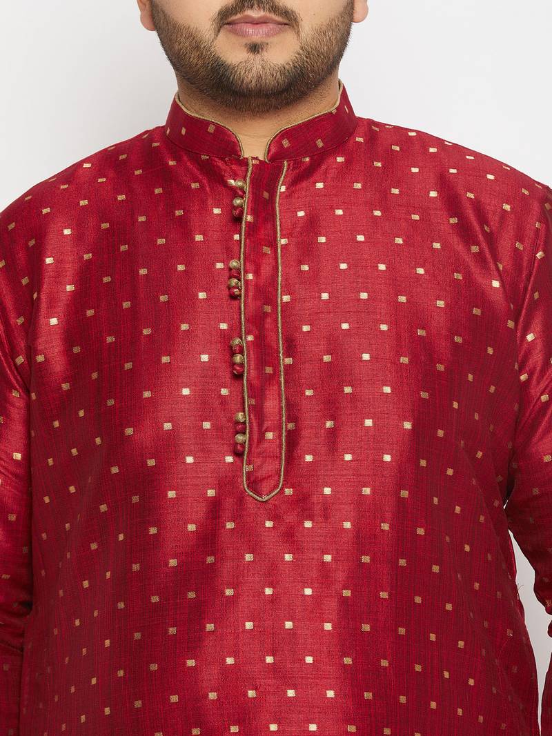Men's maroon and gold silk blend kurta and dhoti set