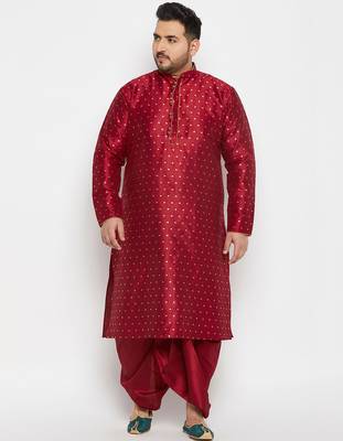 Men's maroon silk blend kurta and dhoti set 1