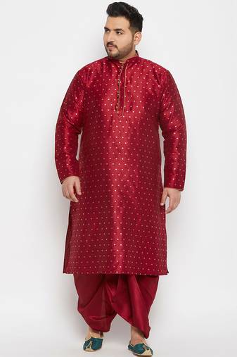 Men's maroon silk blend kurta and dhoti set