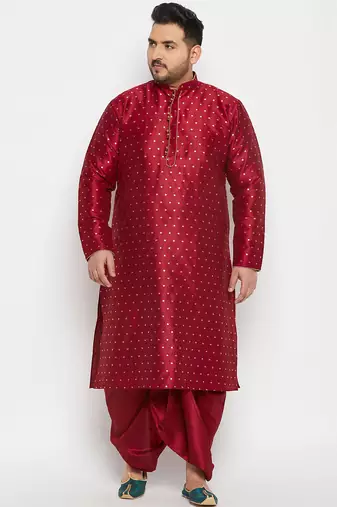 Men's maroon silk blend kurta and dhoti set