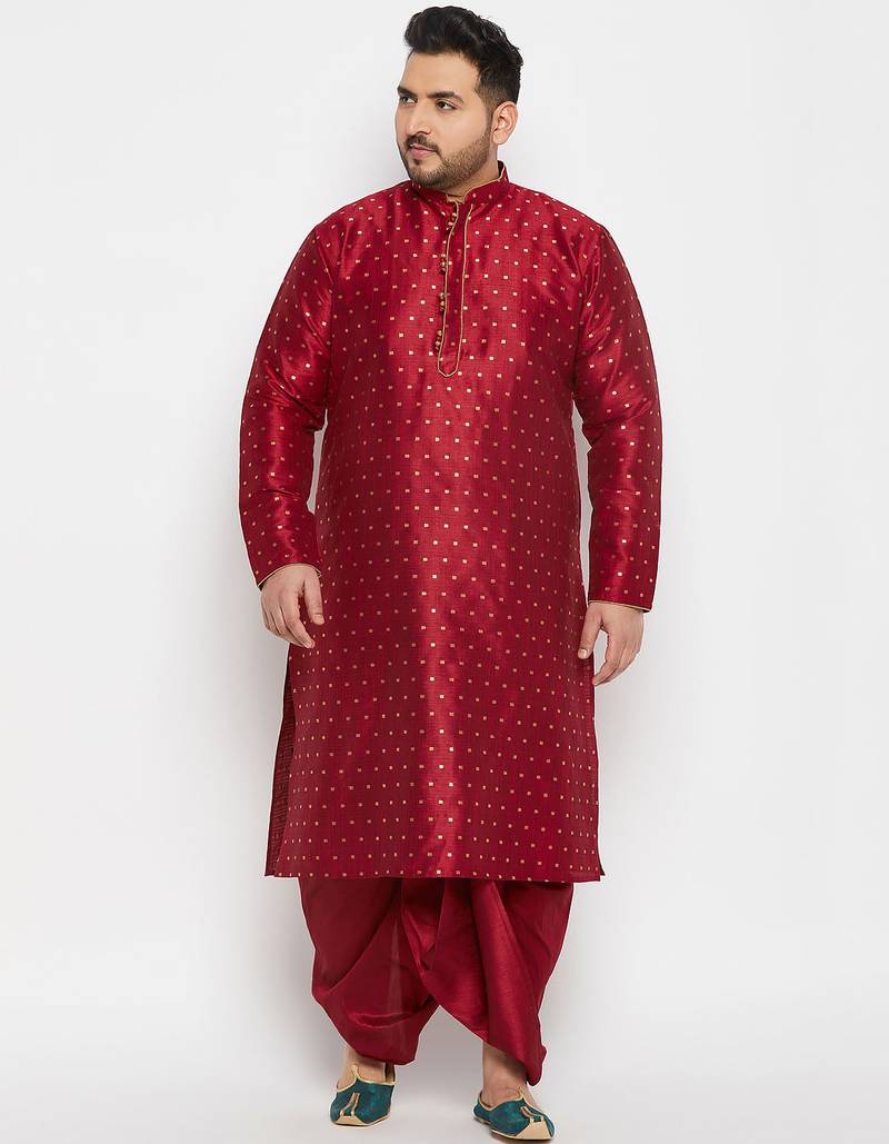 Men's maroon silk blend kurta and dhoti set