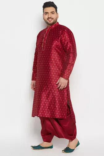 Men's maroon silk blend kurta and dhoti set
