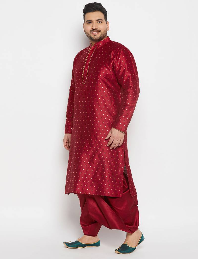 Men's maroon silk blend kurta and dhoti set