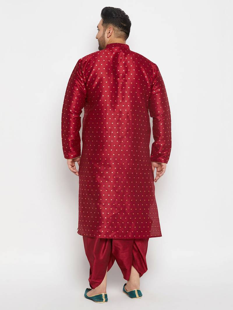Men's maroon silk blend kurta and dhoti set